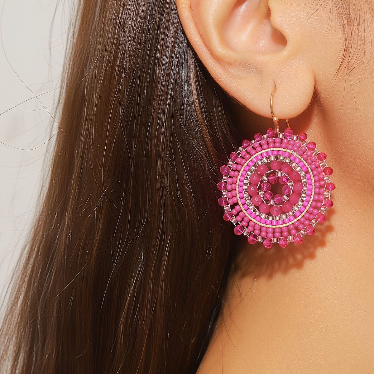 Women's Handmade Bohemian Rose-Colored Bead Round Earrings